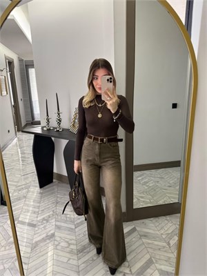 Haki Kemerli Denim Palazzo Jean - 1021