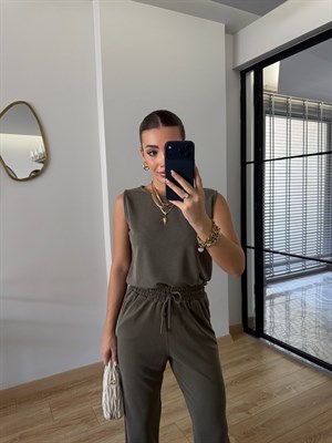 Haki Sıfır Kol Modal Kumaşlı Bluz Pantolon İkili Takım - 7272