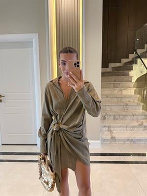 Haki Yandan Tokalı Keten Elbise 