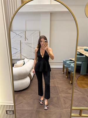 Halter Yaka Metal Detaylı Peplum Triko Bluz Siyah -10787