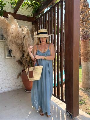 İndigo Askılı Büzgülü Natural Elbise- 3173