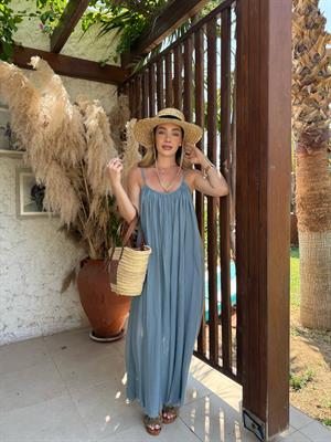 İndigo Askılı Büzgülü Natural Elbise- 3173