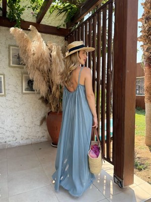 İndigo Askılı Büzgülü Natural Elbise - 3173