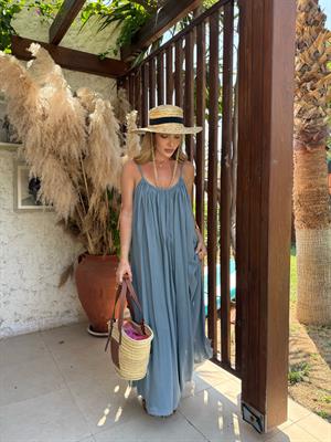 İndigo Askılı Büzgülü Natural Elbise- 3173