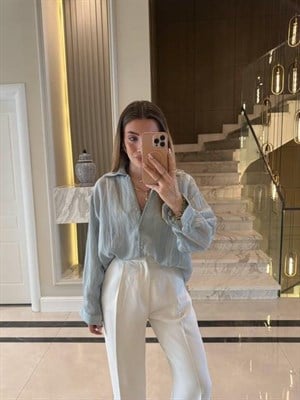 İndigo Oversize Transparan Tensel Gömlek - 4914
