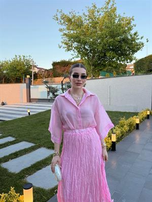 İpeksi Transparan Pembe  Gömlek-4927