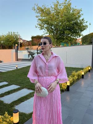 İpeksi Transparan Pembe  Gömlek-4927