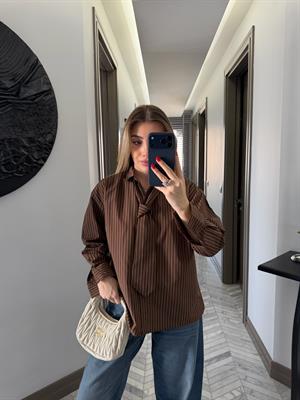 Kahve-Bej Kravatlı Çizgili Gömlek-1007