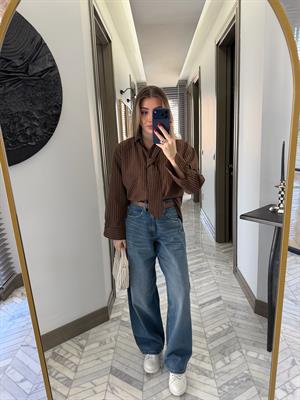 Kahve-Bej Kravatlı Çizgili Gömlek-1007