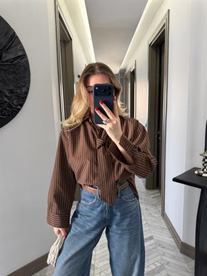 Kahve-Bej Kravatlı Çizgili Gömlek-1007