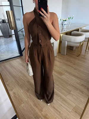 Kahve Boyundan Çapraz Bağlama Düğmeli İkili Takım