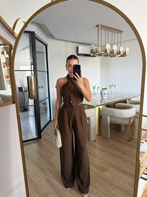 Kahve Boyundan Çapraz Bağlama Düğmeli İkili Takım
