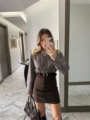 Kahve Çizgili Oversize Gömlek-37116