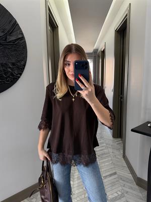 Kahve Dantel Detaylı Tasarım Bluz-4120