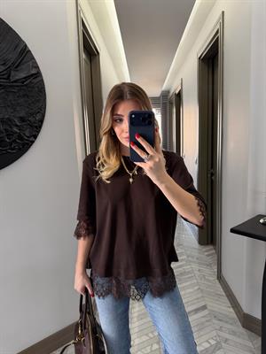 Kahve Dantel Detaylı Tasarım Bluz-4120