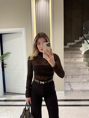 Kahve Desenli Tül Bluz-1082