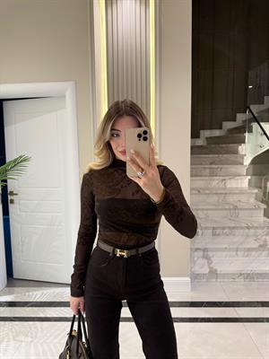 Kahve Desenli Tül Bluz-1082