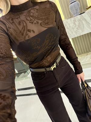 Kahve Desenli Tül Bluz-1082