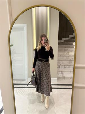 Kahve Ekoseli Midi Boy Yırtmaçlı Etek 