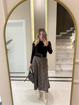 Kahve Ekoseli Midi Boy Yırtmaçlı Etek 