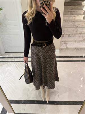 Kahve Ekoseli Midi Boy Yırtmaçlı Etek 