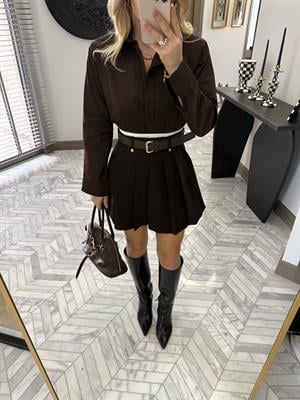 Kahve -Ekru Garnili Kemerli Etek 37099