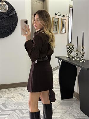 Kahve -Ekru Garnili Kemerli Etek 37099