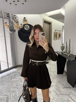 Kahve -Ekru Garnili Kemerli Etek 37099