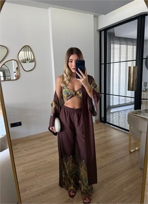 Kahve Etnik Desenli Croplu Takım
