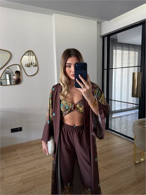 Kahve Etnik Desenli Croplu Takım