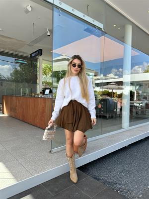 Kahve Fırfırlı Kemer Detaylı Mini Etek