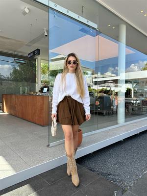 Kahve Fırfırlı Kemer Detaylı Mini Etek