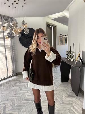 Kahve Gömlek Görünümlü V Yaka Elbise-4661