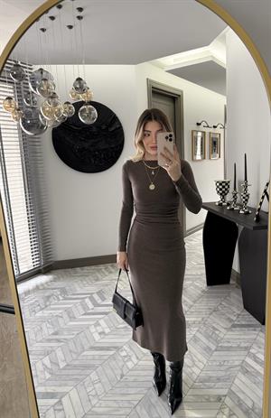Kahve İnce Fitilli Triko Elbise-1004