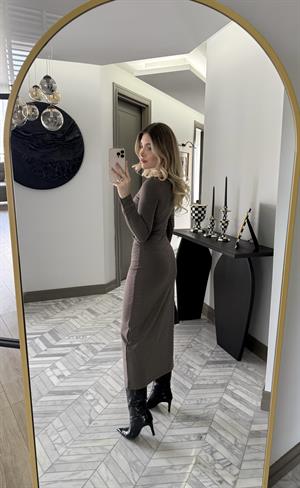 Kahve İnce Fitilli Triko Elbise-1004