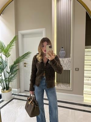 Kahve Kapüşonlu Triko Hırka- 1106