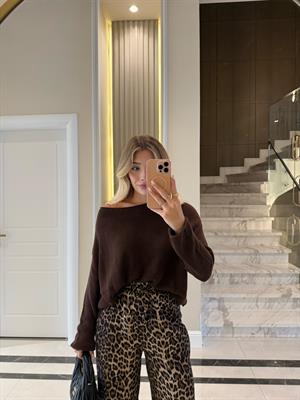 Kahve Kayık Yaka Basic Triko Kazak- 10804