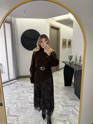 Kahve Kemerli Boğazlı Triko Kazak-0785