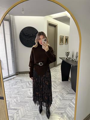 Kahve Kemerli Boğazlı Triko Kazak-0785