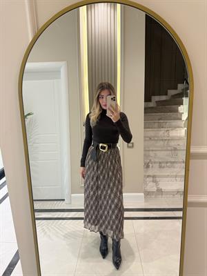 Kahve Kraşlı Ekose Desen Etek-7743