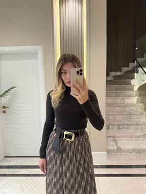 Kahve Kraşlı Ekose Desen Etek-7743