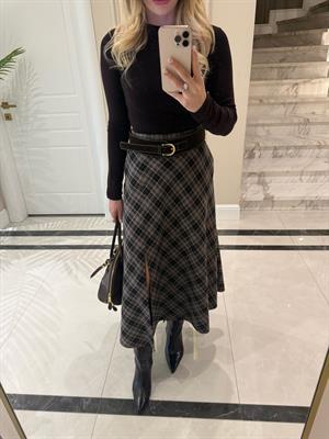 Kahve Küçük  Ekoseli Midi Boy Yırtmaçlı Etek