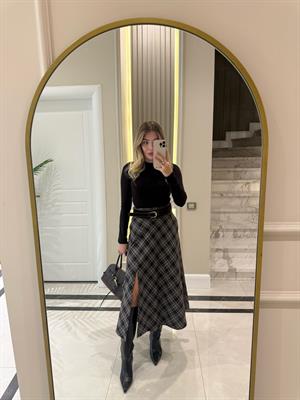 Kahve Küçük  Ekoseli Midi Boy Yırtmaçlı Etek