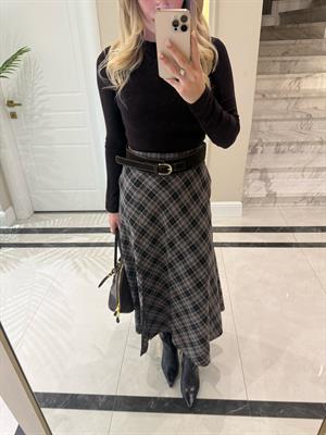 Kahve Küçük  Ekoseli Midi Boy Yırtmaçlı Etek