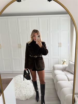 Kahve Leopar Desenli Peluş Ceket-9614