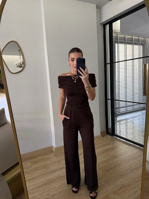 Kahve Madonna Yaka Drapeli Modal Takım - 1020