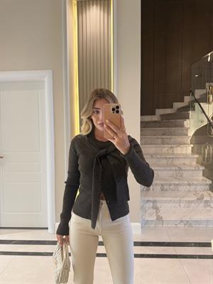 Kahve Melanj Önü Bağlamalı Hırka
