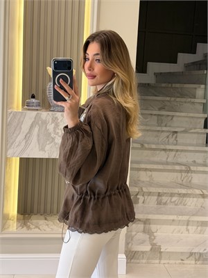 Kahve Nakışlı Dik Yakalı Ceket - 9773