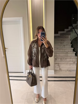 Kahve Nakışlı Dik Yakalı Ceket - 9773