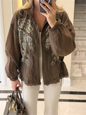 Kahve Nakışlı Dik Yakalı Ceket - 9773